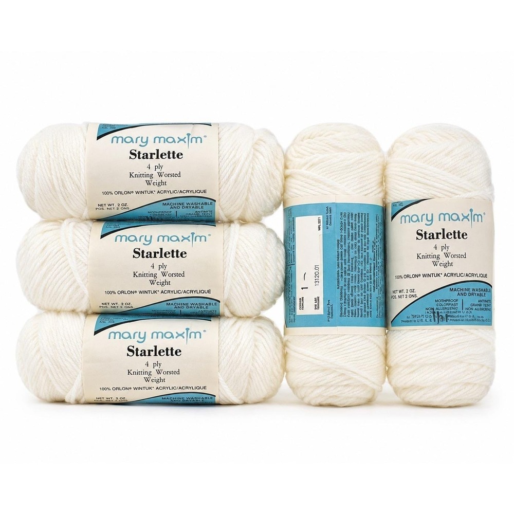 Lot of 5 Mary Maxim Starlette White Worsted Weight Yarn Color #1 Dye Lot 13120